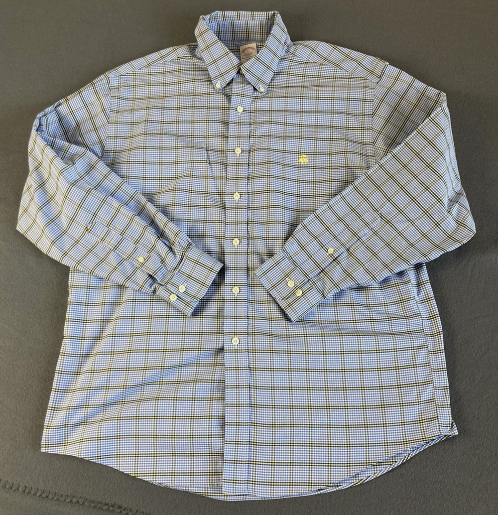 Brooks Brothers 1818 Non-Iron Supima Cotton Shirt Men's Large Blue Yellow Stripe